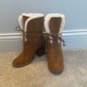 UGG Women's Jerene Round Toe Suede & Sheepskin High-Heel Booties in Chestnut